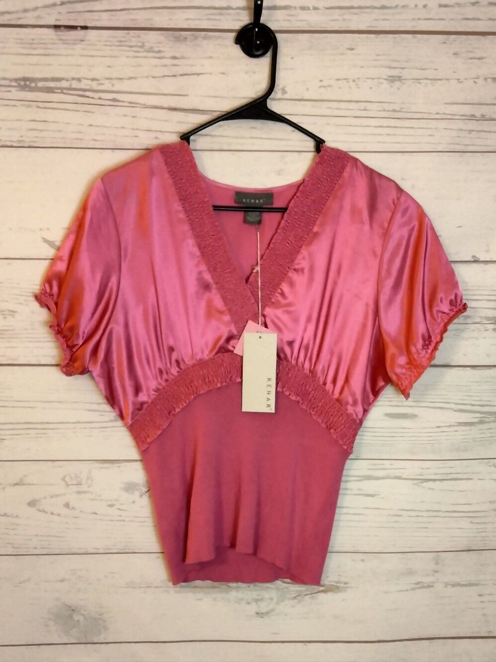 Kenar Rose Pink Satin Knit V-Neck Blouse